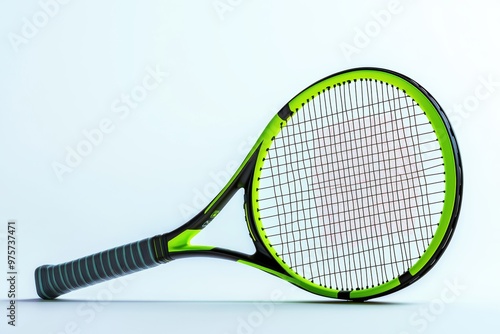 Modern tennis racket with sleek black and neon green design, high-resolution 3D rendering, isolated on white background