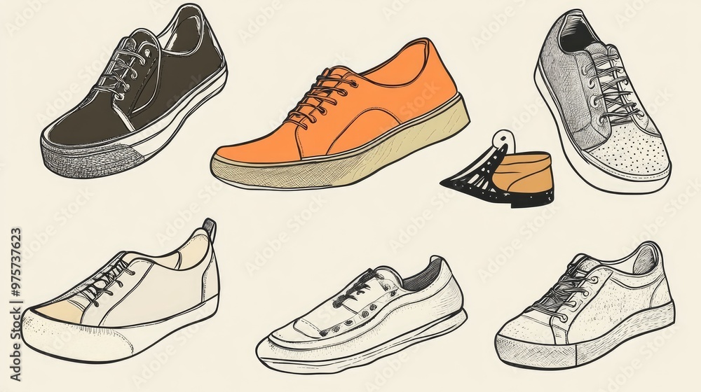 A set of six hand-drawn sneakers in various colors and styles. A set of six hand-drawn sneakers in various colors and styles.