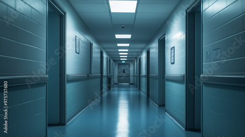 Empty corridor in a psychiatric hospital with sterile, clinical lighting