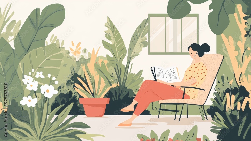 Woman Relaxing with a Book in a Lush Garden Woman Relaxing with a Book in a Lush Garden