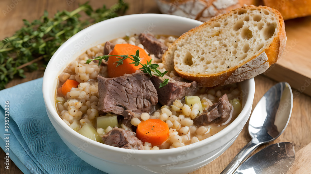 A hearty bowl of beef and barley soup with tender chunks of beef, barley, carrots, and celery, garnished with fresh thyme and served with a slice of crusty bread. A hearty bowl of beef and barley soup with tender chunks of beef, barley, carrots, and celery, garnished with fresh thyme and served with a slice of crusty bread.