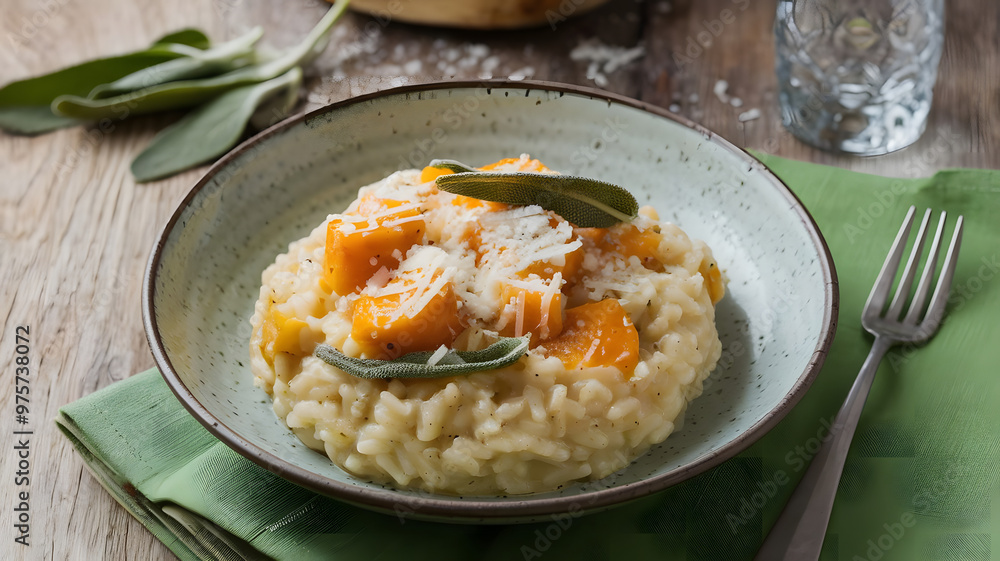 A plate of risotto with roasted butternut squash and sage, finished with Parmesan cheese and served in a shallow bowl. A plate of risotto with roasted butternut squash and sage, finished with Parmesan cheese and served in a shallow bowl.