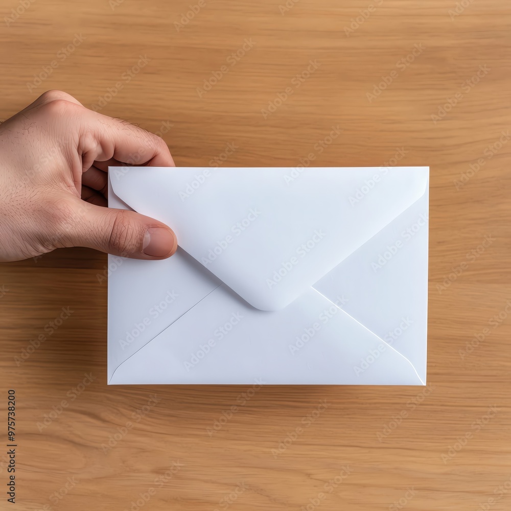 A person holding a white envelope, showcasing an elegant design perfect for mail, invitations, or personal notes. A person holding a white envelope, showcasing an elegant design perfect for mail, invitations, or personal notes.