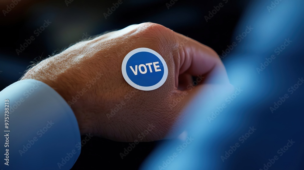 Fototapeta premium A close-up of a hand displaying a 'Vote' sticker, symbolizing civic engagement and the importance of participating in elections.