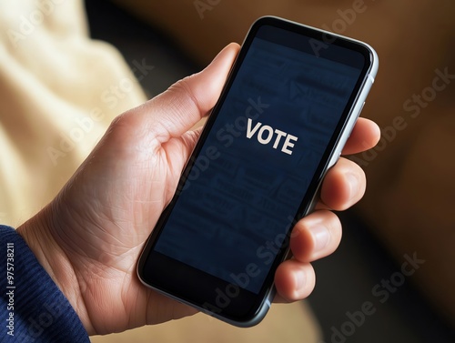 A close-up shot of a person using a smartphone featuring a modern app interface for voting and engagement. photo