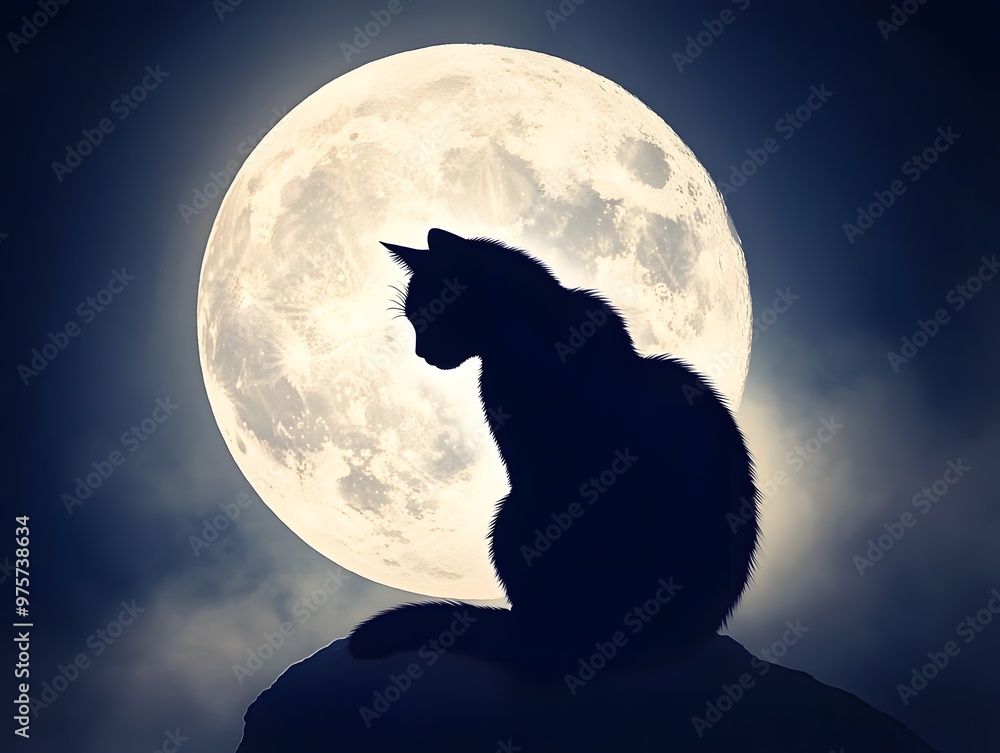 Arched black cat silhouette sitting against a luminous full moon. Nighttime elegance concept Arched black cat silhouette sitting against a luminous full moon. Nighttime elegance concept
