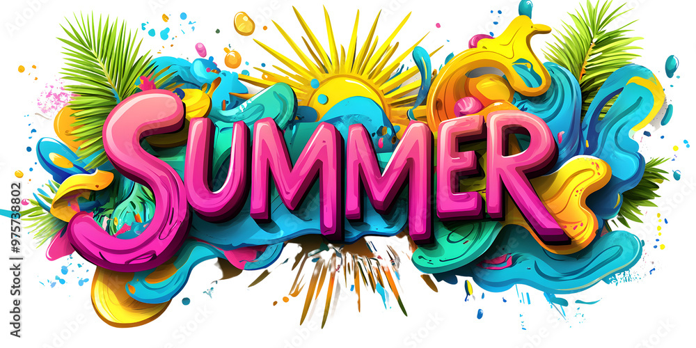 a vibrant and trendy vector illustration text style with the text SUMMER in rich, bold colors. The lettering should be playful and dynamic, incorporating a vibrant and trendy vector illustration text style with the text SUMMER in rich, bold colors. The lettering should be playful and dynamic, incorporating