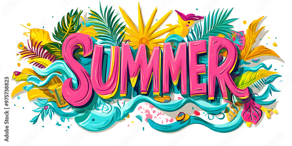 a vibrant and trendy vector illustration text style with the text SUMMER in rich, bold colors. The lettering should be playful and dynamic, incorporating a vibrant and trendy vector illustration text style with the text SUMMER in rich, bold colors. The lettering should be playful and dynamic, incorporating