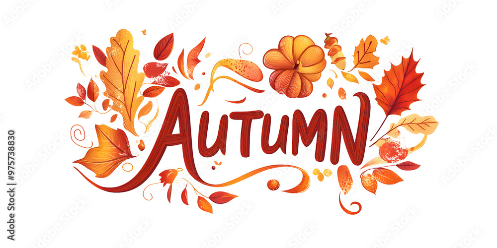 Design a vector illustration of text style with the text AUTUMN with a stylish and artistic lettering style. Use warm, rich colors like deep oranges, reds Design a vector illustration of text style with the text AUTUMN with a stylish and artistic lettering style. Use warm, rich colors like deep oranges, reds