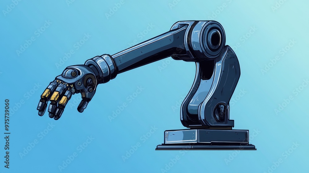 Robotic arm with a mechanical hand reaching out in a blue background. Robotic arm with a mechanical hand reaching out in a blue background.