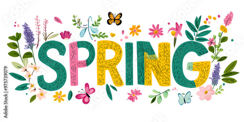 a vector illustration of text style with the text SPRING with fresh and cheerful lettering on a pure white background. Use bright colors like green, pink