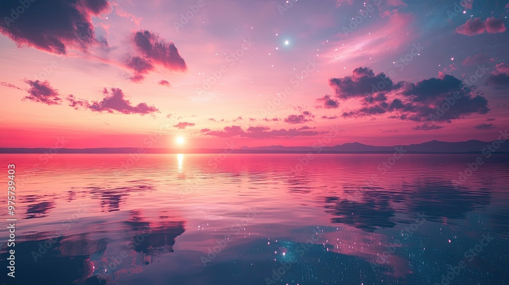 A beautiful sunset over a calm ocean with a pink sky A beautiful sunset over a calm ocean with a pink sky