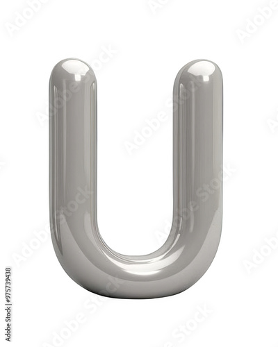 3D Metallic Silver Letter U, Uppercase Alphabet Character, Transparent Background Cutout, PNG File