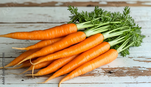 Fresh, vibrant carrots with green tops, perfect for healthy recipes and farm-to-table meals, displayed on rustic wooden background.