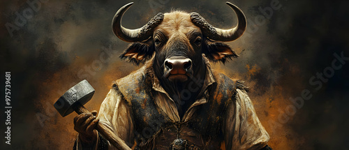 A powerful bull figure dressed as a blacksmith, holding a hammer, surrounded by a dramatic smoky background.