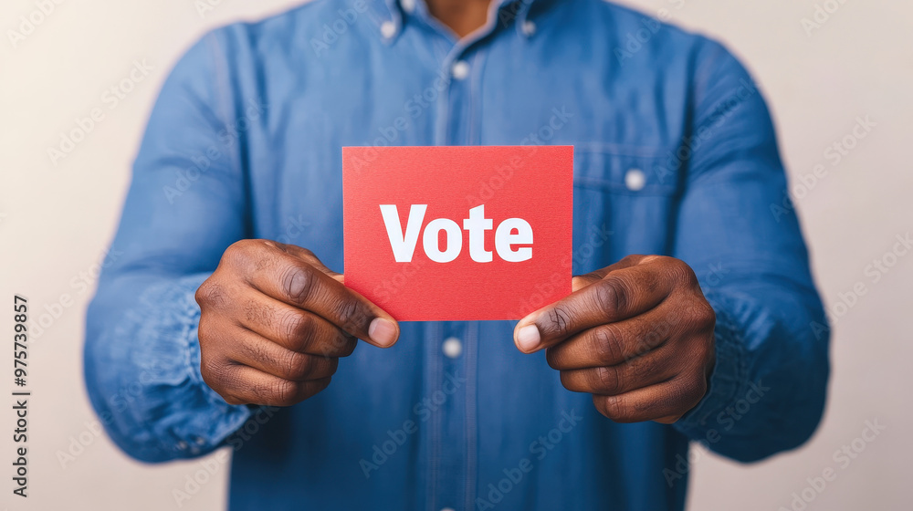Person holding a voting card with the word Person holding a voting card with the word