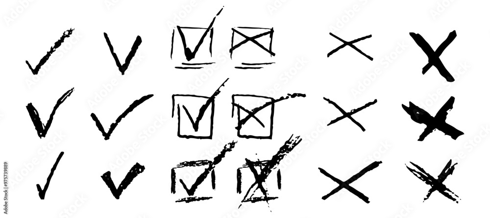 Set of ticks and crosses for to do list or vote. Vector quiz elements OK yes or no signs for answering test questions. Black charcoal pencil correct or incorrect symbols. Doodle check marks collection Set of ticks and crosses for to do list or vote. Vector quiz elements OK yes or no signs for answering test questions. Black charcoal pencil correct or incorrect symbols. Doodle check marks collection