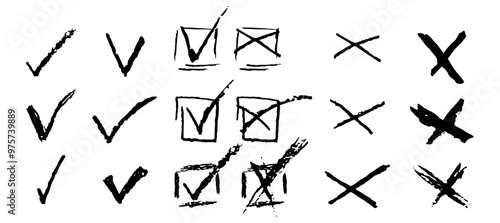 Set of ticks and crosses for to do list or vote. Vector quiz elements OK yes or no signs for answering test questions. Black charcoal pencil correct or incorrect symbols. Doodle check marks collection