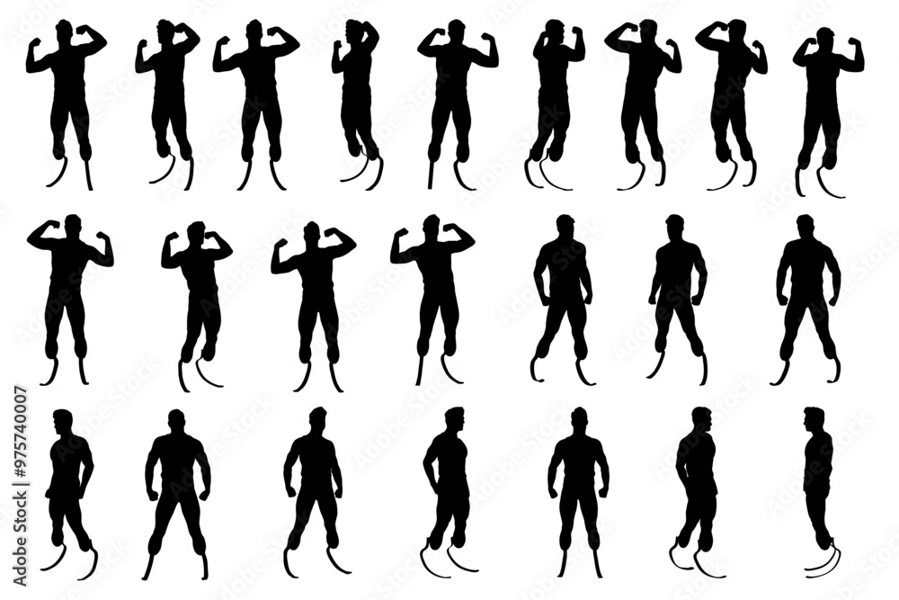 collection of silhouette male character with 2 prosthesis legs, different angles body pose for graphic resource collection of silhouette male character with 2 prosthesis legs, different angles body pose for graphic resource