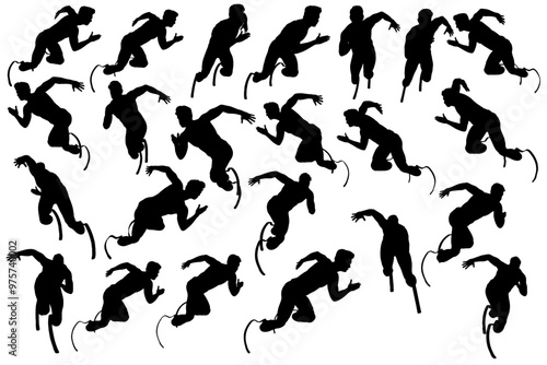 collection of silhouette male character with 2 prosthesis legs, different angles body pose for graphic resource