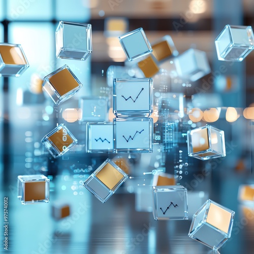 Dynamic representation of data analytics with floating cubes illustrating growth trends and digital innovation.