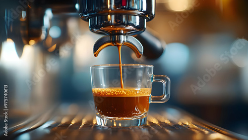 Fresh espresso shot being brewed in a coffee machine, capturing the rich, aromatic coffee pouring into a small glass.