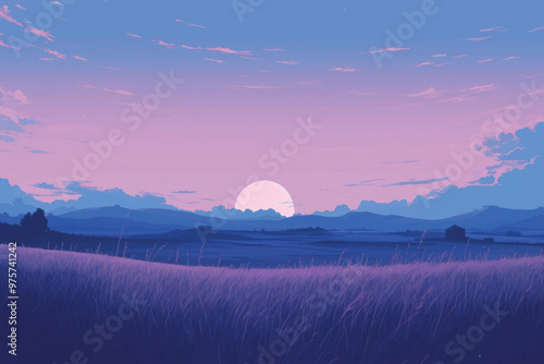 Serene twilight countryside landscape illustration