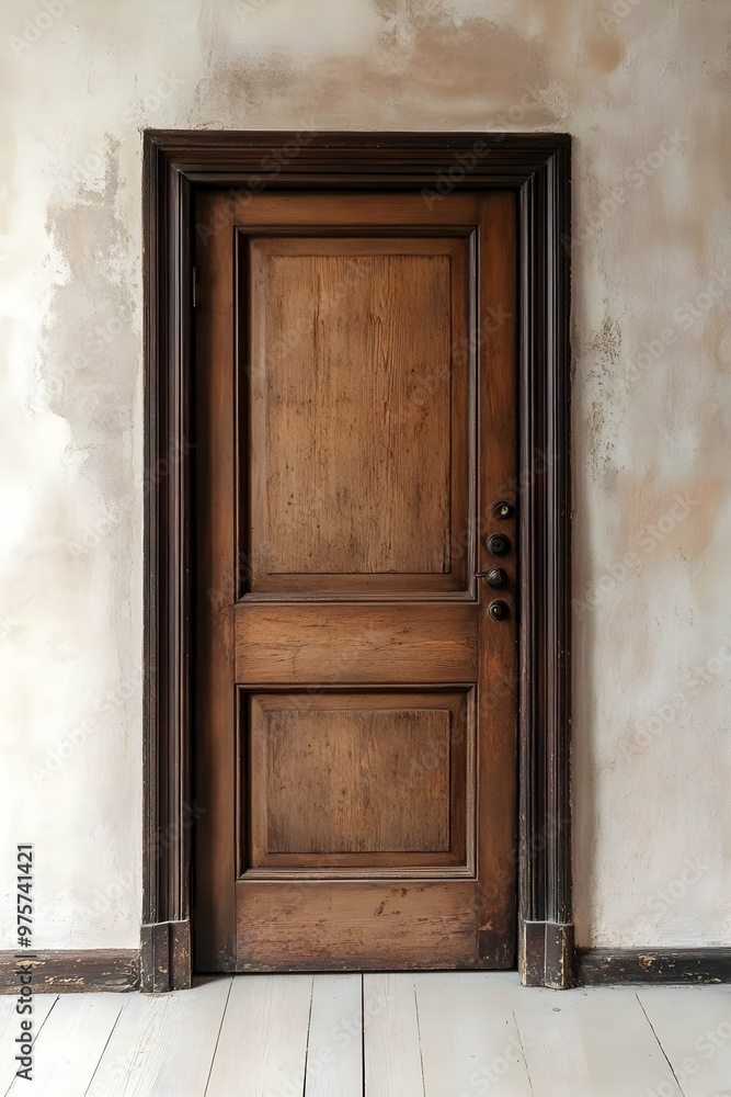 A classic wooden door with a rich texture, set against a neutral wall, adding elegance to any interior design. A classic wooden door with a rich texture, set against a neutral wall, adding elegance to any interior design.