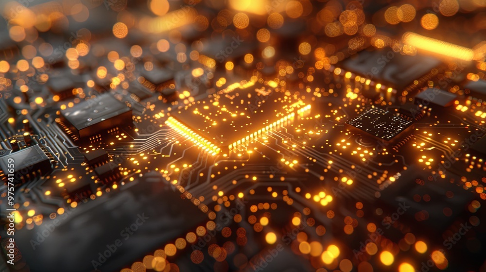 Printed circuit board futuristic server/Circuit board futuristic server code processing. Orange, green, blue technology background with bokeh. 3D Rendering Printed circuit board futuristic server/Circuit board futuristic server code processing. Orange, green, blue technology background with bokeh. 3D Rendering