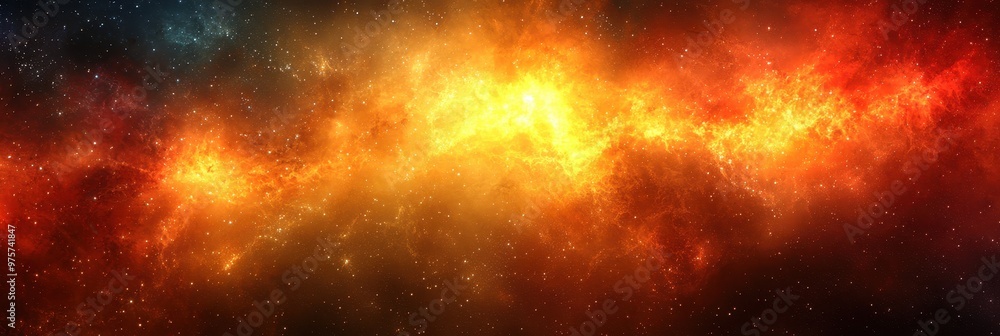 Naklejka premium A stunning cosmic scene featuring vibrant colors of orange and red amidst a starry backdrop, evoking a sense of wonder and beauty.