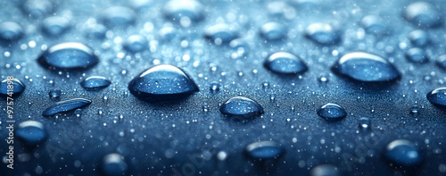 Close-up of water droplets on a surface, showcasing texture and reflections in vibrant blue tones. photo