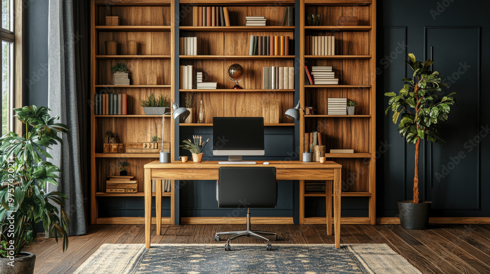 Wooden bookshelf filled with books, cozy armchair, and a desk in a home study Wooden bookshelf filled with books, cozy armchair, and a desk in a home study