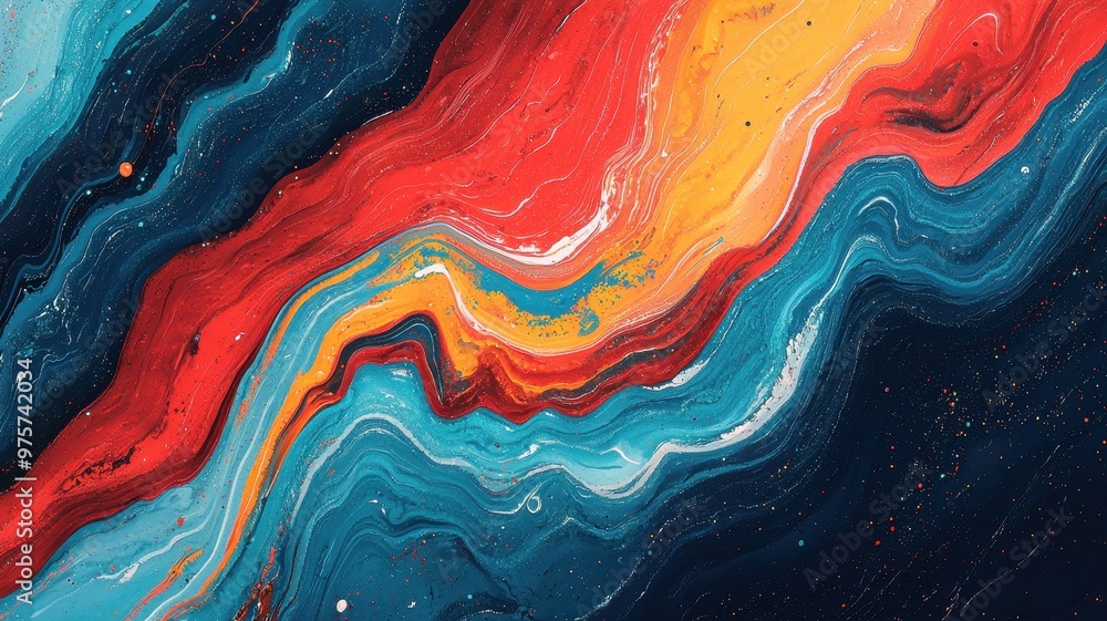 A vibrant abstract painting featuring flowing colors of red, blue, and orange, creating a dynamic and captivating visual experience. A vibrant abstract painting featuring flowing colors of red, blue, and orange, creating a dynamic and captivating visual experience.