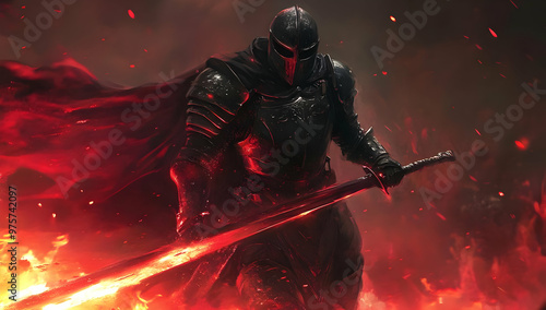 Fierce warrior in dark armor stands amidst flames, wielding a glowing sword. A powerful image of strength and determination. photo