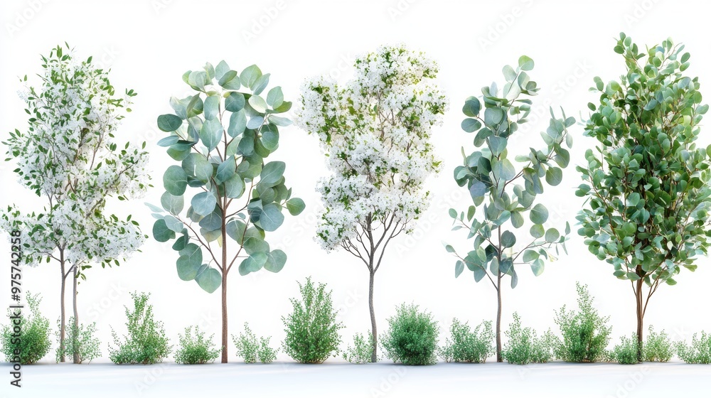 Obraz premium Diverse Eucalyptus Trees with Blooming White Flowers in Natural Landscape
