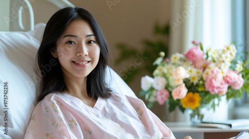 Free Download East Asian Woman Resting in Hospital Bed, Smiling, With Floral Bouquet in Background, Ideal for Healthcare and Wellness Design - GFXLoad