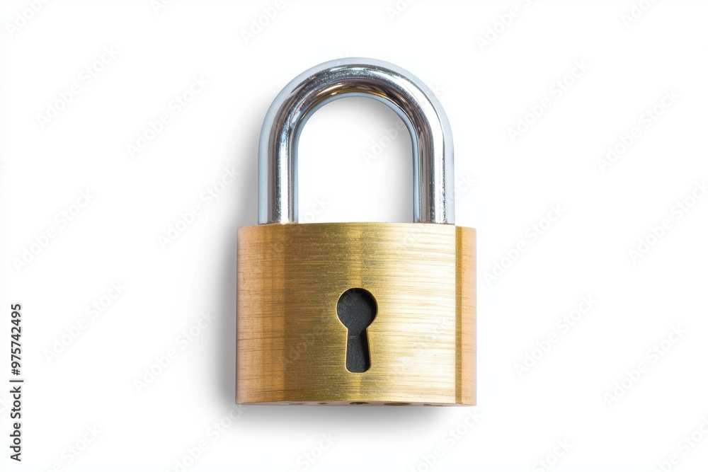 A shiny brass padlock with a closed shackle, symbolizing security and protection, realistic style, isolated on white background A shiny brass padlock with a closed shackle, symbolizing security and protection, realistic style, isolated on white background