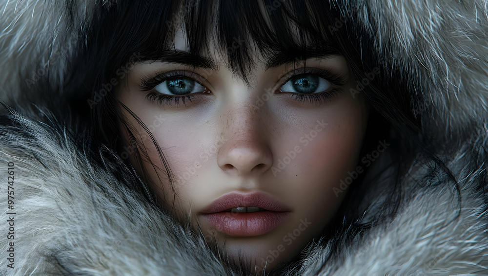 A close-up portrait of a beautiful woman wrapped in a luxurious fur coat, showcasing striking blue eyes and flawless skin. A close-up portrait of a beautiful woman wrapped in a luxurious fur coat, showcasing striking blue eyes and flawless skin.