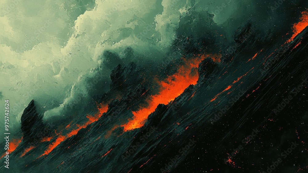 Dramatic volcanic landscape showing flowing lava with dark clouds, evoking power and intensity in nature's raw beauty. Dramatic volcanic landscape showing flowing lava with dark clouds, evoking power and intensity in nature's raw beauty.
