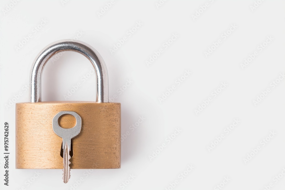 A padlock with a key inserted, halfway turned, symbolizing access or unlocking, isolated on white background A padlock with a key inserted, halfway turned, symbolizing access or unlocking, isolated on white background