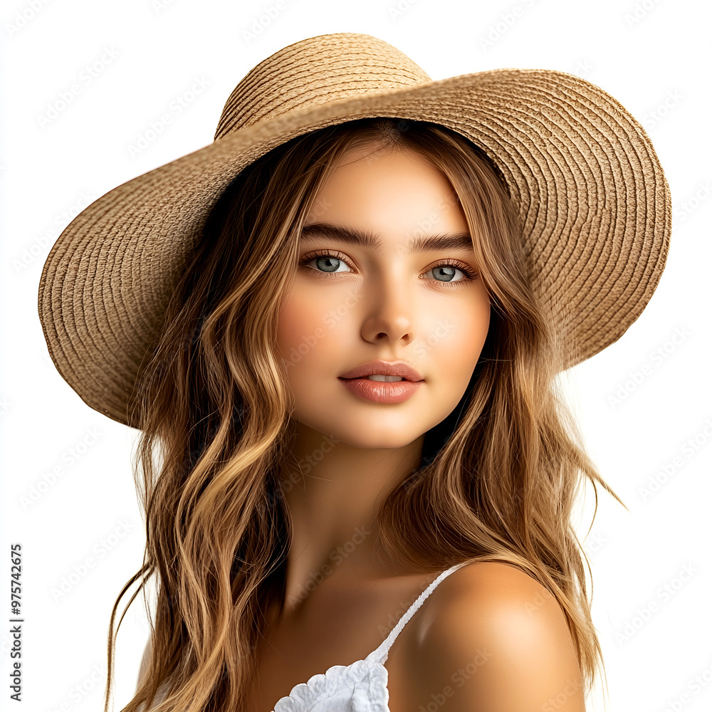A young, pretty, blonde woman wearing a straw hat and bikini is shown in this portrait. Separated