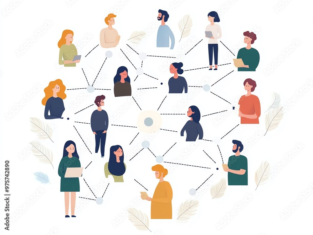 Illustration of interconnected professionals networking and collaborating in a team setting, emphasizing communication and teamwork. Illustration of interconnected professionals networking and collaborating in a team setting, emphasizing communication and teamwork.