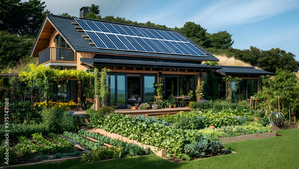 Modern eco-friendly house with solar panels and a lush vegetable garden, showcasing sustainable living and nature harmony. Modern eco-friendly house with solar panels and a lush vegetable garden, showcasing sustainable living and nature harmony.