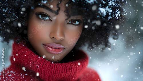 A stunning portrait of a young woman with curly hair, wearing a red sweater in a snowy landscape, showcasing beauty and winter charm.