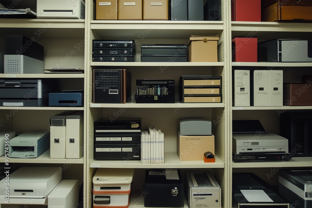 Organized office storage shelves filled with various electronic devices, file boxes, and storage containers in a neatly arranged office environment. Organized office storage shelves filled with various electronic devices, file boxes, and storage containers in a neatly arranged office environment.