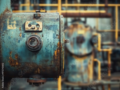 Close-up of aged industrial machinery with a worn, rusty surface in a factory setting, highlighting industrial decay and vintage engineering.