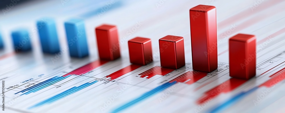 Close-up of a financial bar graph with red bars on a document, representing business growth, data analysis, and economic trends. Close-up of a financial bar graph with red bars on a document, representing business growth, data analysis, and economic trends.