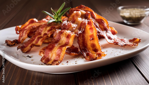 Gourmet fried bacon slices with seasonings on white plate. Crispy bacon strips, breakfast or snack