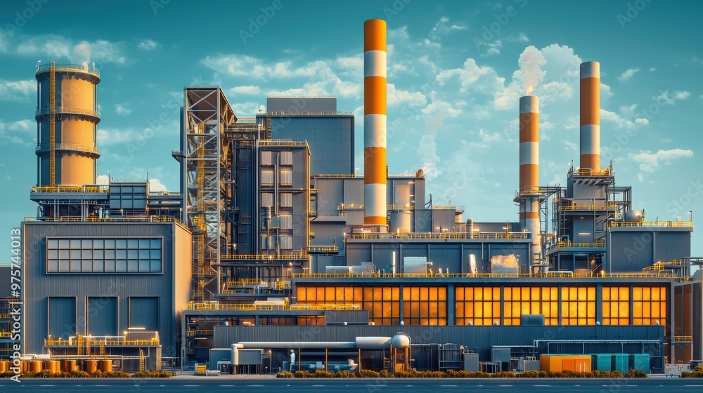 Obraz premium A large industrial plant with orange and white towers