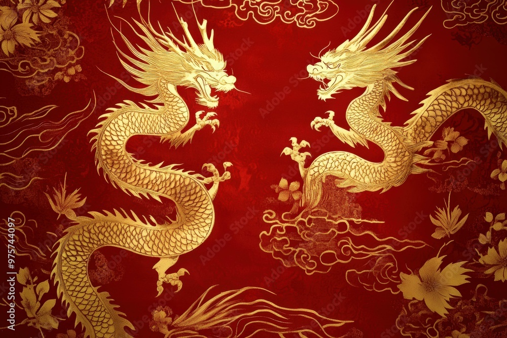 Traditional Dragon and Phoenix Motif: Golden Harmony on a Deep Red Background Traditional Dragon and Phoenix Motif: Golden Harmony on a Deep Red Background